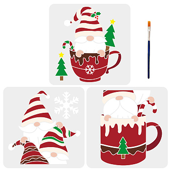 US 1 Set Christmas PET Hollow Out Drawing Painting Stencils, with 1Pc Art Paint Brushes, Gnome Pattern, Painting Stencils: 300x300mm, 3pcs/set, Brushes: 16.9x0.5cm