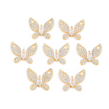 Rack Plating Brass Micro Pave Clear Cubic Zirconia Pendants, Nickel Free, Butterfly, Real 18K Gold Plated, 13x16x2.5mm, Hole: 1.5mm