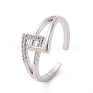 Clear Cubic Zirconia Interlocking Triangle Knot Open Cuff Ring, Brass Jewelry for Women, Platinum, US Size 7 1/4(17.5mm)(RJEW-G283-04P)