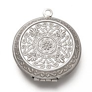 316 Stainless Steel Locket Pendants, Photo Frame Charms for Necklaces, Flat Round with Flower, Stainless Steel Color, 35x31x8mm, Hole: 2.4mm, Inner Diameter: 23mm(X-STAS-P268-10P)