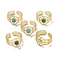 304 Stainless Steel Open Cuff Rings, Synthetic Malachite & Turquoise Round Finger Rings for Women Men, Real 18K Gold Plated, Adjustable(RJEW-C079-09G)