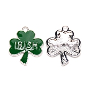 Alloy Enamel Pendants, Clover with Word IRISH, Dark Green, Platinum, 24x19x2.5mm, Hole: 2mm(PALLOY-SZC0004-02P)