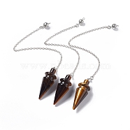 Natural Tiger Eye Pointed Dowsing Pendulums, with Rack Plating Platinum Plated Brass Findings, Cadmium Free & Lead Free, Cone, 230mm(AJEW-B020-01P-01)