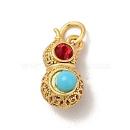 Rack Plating Brass Pendants, Peanut Charm, with Turquoise Resin & Red Acrylic Rhinestone Beads, Long-Lasting Plated, Cadmium Free & Lead Free, Matte Gold Color, 15.5x9x8.5mm, Hole: 3.4mm(KK-E056-03MG)