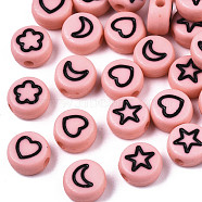 Opaque Acrylic Beads, with Enamel, Flat Round with Heart & Star & Moon & Flower, Pink, 7x4mm, Hole: 1.5mm(X-MACR-N008-33D)