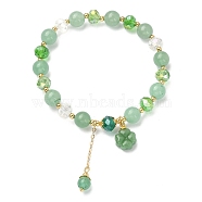 Natural Green Aventurine & Glass Beaded Stretch Bracelet, Clover & Brass Tassel Charms Bracelet for Women, Inner Diameter: 2-1/4 inch(5.75cm)(BJEW-TA00308)