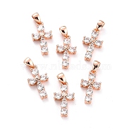 Brass Micro Pave Cubic Zirconia Pendant, Long-Lasting Plated, Cross, Real Rose Gold Plated, 16.5x9x3mm, Hole: 4x2.6mm(ZIRC-P089-21RG)