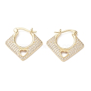 Rhombus with Heart Clear Cubic Zirconia Hoop Earrings, Brass Jewelry for Women, Real 16K Gold Plated, 20.5x22x2mm, Pin: 0.7~1x0.6mm(EJEW-M216-10G)