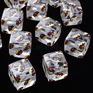Transparent Printed Acrylic Beads, Square with Cake Pattern, Coconut Brown, 16x16x16mm, Hole: 3mm(MACR-S374-09A-01)