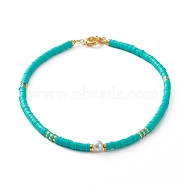 Polymer Clay Heishi Beaded Necklaces, with Round Glass Pearl Beads, Brass Spacer Beads and Spring Ring Clasps, Turquoise, 17-7/8 inch(45.5cm)(NJEW-JN03214-03)