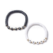 Handmade Polymer Clay Heishi Stretch Bracelets Set, Plastic Happy Beaded Bracelets for Women, White & Black, Inner Diameter: 1-7/8 inch(4.7cm), 2pcs/set(BJEW-JB08755)