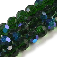 Electroplate Transparent Glass Beads Strands, Faceted, Round, Rainbow Plated, Dark Green, 10mm, Hole: 1.2mm, about 65~69pcs/strand, 23.03~24.49 inch(58.5~62.2cm)(EGLA-A035-T10mm-L10)