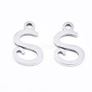 201 Stainless Steel Charms, Laser Cut, Alphabet, Stainless Steel Color, Letter.S, 12x7x1mm, Hole: 1.4mm(STAS-T044-217P-S)