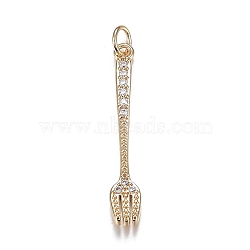 Brass Micro Clear Cubic Zirconia Pendants, Long-Lasting Plated, Fork, Real 18K Gold Plated, 24x4x2mm, Hole: 2.8mm(ZIRC-F120-074G)