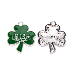 Alloy Enamel Pendants, Clover with Word IRISH, Dark Green, Platinum, 24x19x2.5mm, Hole: 2mm(PALLOY-SZC0004-02P)