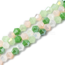 Electroplate Glass Beads Strands, Opaque & Transparent & AB Color Plated, Faceted, Bicone, Green, 4x4.5mm, Hole: 0.9mm, about 94~95pcs/strand, 13.86''(35.2cm)(EGLA-D018-02B)