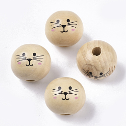 Natural Wood European Beads, Waxed and Printed, Undyed, Large Hole Beads, Round, Cat Pattern, Navajo White, 19~20mm, Hole: 5mm(X-WOOD-S055-16A)