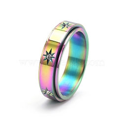 Rotatable Stainless Steel Finger Ring, with Rhinestone for Couples, Rainbow Color, US Size 7(17.3mm)(PW-WGC6D1D-09)