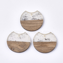 Resin & Walnut Wood Pendants, with Silver Foil, Gap Flat Round, Silver, 33~34x37x3~4mm, Hole: 1.8~2mm(RESI-T023-11I)