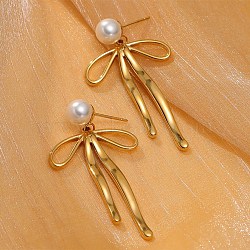 304 Stainless Steel ABS pearl Earrings, Bowknot, Golden, 51.9x27.8mm(EJEW-S226-05G)