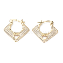 Rhombus with Heart Clear Cubic Zirconia Hoop Earrings, Brass Jewelry for Women, Real 16K Gold Plated, 20.5x22x2mm, Pin: 0.7~1x0.6mm(EJEW-M216-10G)