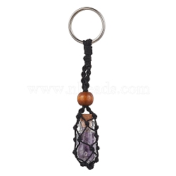 Natural Amethyst Wishing Bottle Keychain, Nylon Cord Macrame Pouch Stone Holder, with Iron Split Key Rings and Wood Bead, 10.5cm(KEYC-JKC00726-02)