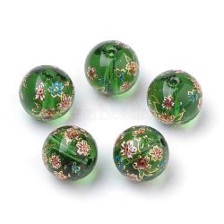 Printed Glass Beads, Round with Flower Pattern, Green, 10x9mm, Hole: 1.5mm(GFB-Q001-10mm-A05)