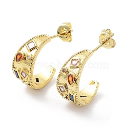 Colorful Cubic Zirconia Crescent Moon Stud Earrings, Rack Plating Brass Earrings, Cadmium Free & Lead Free, Real 18K Gold Plated, 15.5x14x7mm(EJEW-B027-17G)