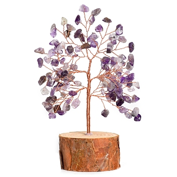 Natural Amethyst Chips Tree of Life Decorations, Column Wood Base with Copper Wire Feng Shui Energy Stone Gift for Home Office Desktop Decoration, 60x160mm