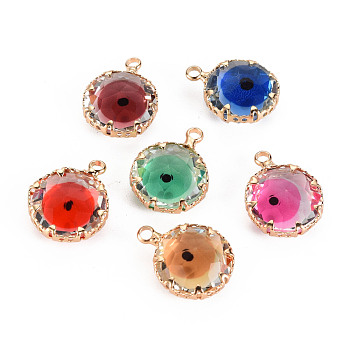 Transparent Glass Pendants, with Brass Prong Settings, Faceted, Flat Round with Evil Eye, Light Gold, Mixed Color, 17x13x6mm, Hole: 1.8mm