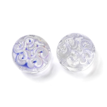 Transparent Glass Beads, Flat Round with Flower, Sky Blue, 13.5x8.5mm, Hole: 1.2mm, about 10pcs/bag
