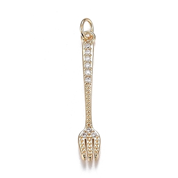 Brass Micro Clear Cubic Zirconia Pendants, Long-Lasting Plated, Fork, Real 18K Gold Plated, 24x4x2mm, Hole: 2.8mm