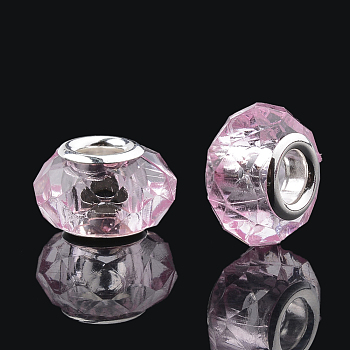 Acrylic European Beads, Large Hole Beads, with Silver Color Plated Brass Cores, Faceted, Rondelle, Pearl Pink, 13~14x9~10mm, Hole: 4.5mm