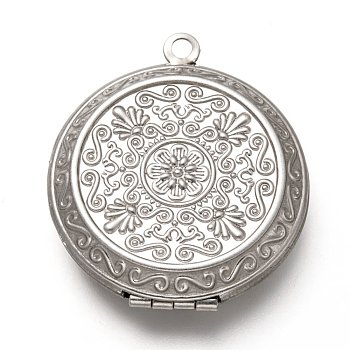 316 Stainless Steel Locket Pendants, Photo Frame Charms for Necklaces, Flat Round with Flower, Stainless Steel Color, 35x31x8mm, Hole: 2.4mm, Inner Diameter: 23mm