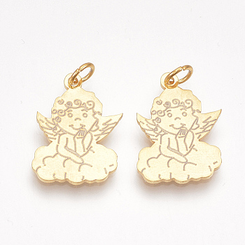 201 Stainless Steel Pendants, with Unsoldered Jump Rings, Angel, Golden, 20x14x1mm, Hole: 3mm, Jump Ring: 5x0.8mm