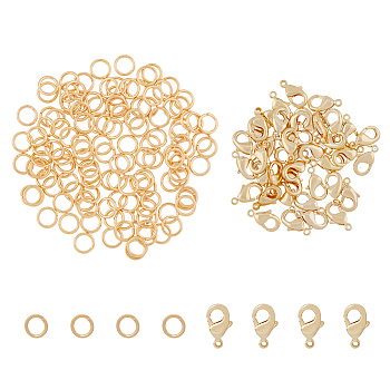 30Pcs Brass Lobster Claw Claps & 60Pcs Open Jump Rings, Real 18K Gold Plated, Claps: about 10x6x2.5mm, Hole: 1mm, 30pcs; Jump Rings: 5x0.7mm(21 Gauge), Inner Diameter: 3.6mm, 60pcs