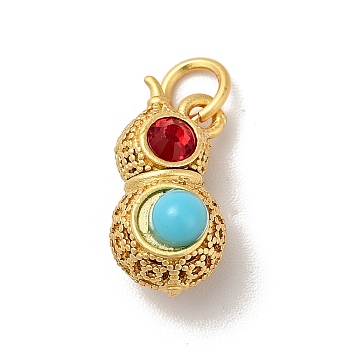 Rack Plating Brass Pendants, Peanut Charm, with Turquoise Resin & Red Acrylic Rhinestone Beads, Long-Lasting Plated, Cadmium Free & Lead Free, Matte Gold Color, 15.5x9x8.5mm, Hole: 3.4mm