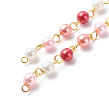 Handmade Glass Pearl Beaded Chains, with Brass Eye Pins, Unwelded, Crimson, 13x6mm, about 3.28 Feet(1m)/Strand