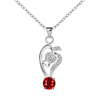 Silver Plated Brass Cubic Zirconia Heart Pendant Necklaces, Red, 18 inch