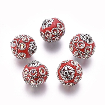 Handmade Indonesia Beads, with Metal Findings, Antique Silver Plated, Round, Red, 20~21x19~20mm, Hole: 1.5mm