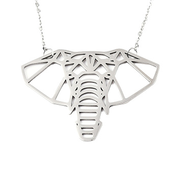 201 Stainless Steel Origami Pendant Necklaces, with Cable Chains, Elephant, Stainless Steel Color, 17.7 inch(45cm), 2mm, Elephant: 33x47x1mm