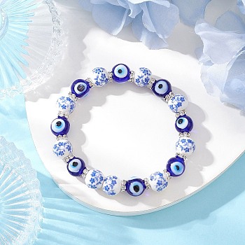 Handmade Flower Printed Porcelain Ceramic & Handmade Lampwork Evil Eye Beads Stretch Bracelets for Women, Round, Deep Sky Blue, Inner Diameter: 2-1/8 inch(5.45cm)
