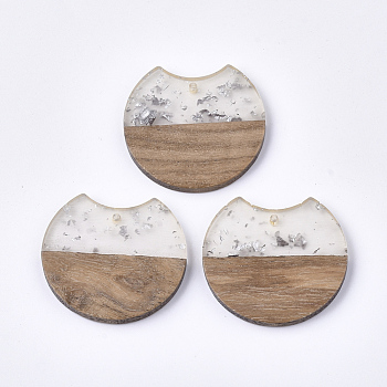 Resin & Walnut Wood Pendants, with Silver Foil, Gap Flat Round, Silver, 33~34x37x3~4mm, Hole: 1.8~2mm