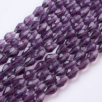 Glass Beads Strands, Faceted, Teardrop, Indigo, 6x4mm, Hole: 1mm, about 65~68pcs/strand, 14.96~15.35 inch