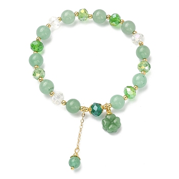 Natural Green Aventurine & Glass Beaded Stretch Bracelet, Clover & Brass Tassel Charms Bracelet for Women, Inner Diameter: 2-1/4 inch(5.75cm)