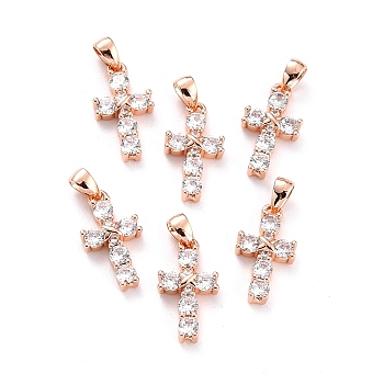 Brass Micro Pave Cubic Zirconia Pendant, Long-Lasting Plated, Cross, Real Rose Gold Plated, 16.5x9x3mm, Hole: 4x2.6mm