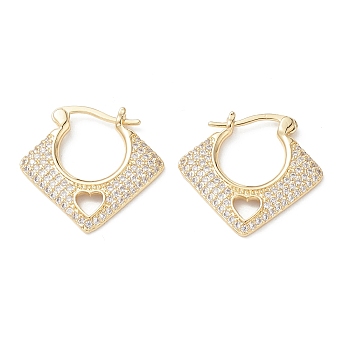 Rhombus with Heart Clear Cubic Zirconia Hoop Earrings, Brass Jewelry for Women, Real 16K Gold Plated, 20.5x22x2mm, Pin: 0.7~1x0.6mm