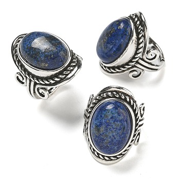 Natural Lapis Lazuli Adjustable Rings, Lead Free & Cadmium Free, Antique Silver Plated Brass Finger Rings for Women, Oval, 27mm, Inner Diameter: 17mm