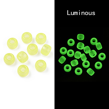 Transparent & Luminous Plastic Beads, Frosted, Glow in the Dark, Barrel, Yellow, 9x6mm, Hole: 3.8mm, about 1900pcs/500g