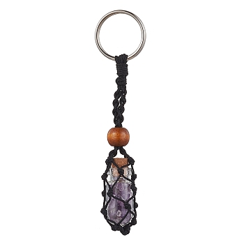 Natural Amethyst Wishing Bottle Keychain, Nylon Cord Macrame Pouch Stone Holder, with Iron Split Key Rings and Wood Bead, 10.5cm